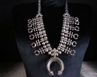 Magnificent Large Heavy Signed Navajo Old/Dead Pawn Sterling Silver Tuffa Cast Squash Blossom Necklace w/ Handmade Beads - Showpiece!!!!