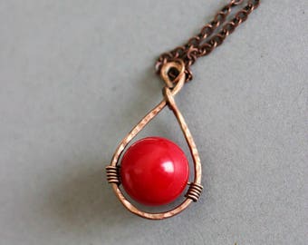 Red Coral Necklace Coral Copper Necklace Single Bead Necklace Copper Coral Pendant Big Single Bead Necklace Coral Jewelry Copper Jewelry