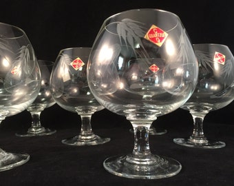 New/Vintage Set of 6 Etched Brandy Snifter, Quartzex 8 oz.
