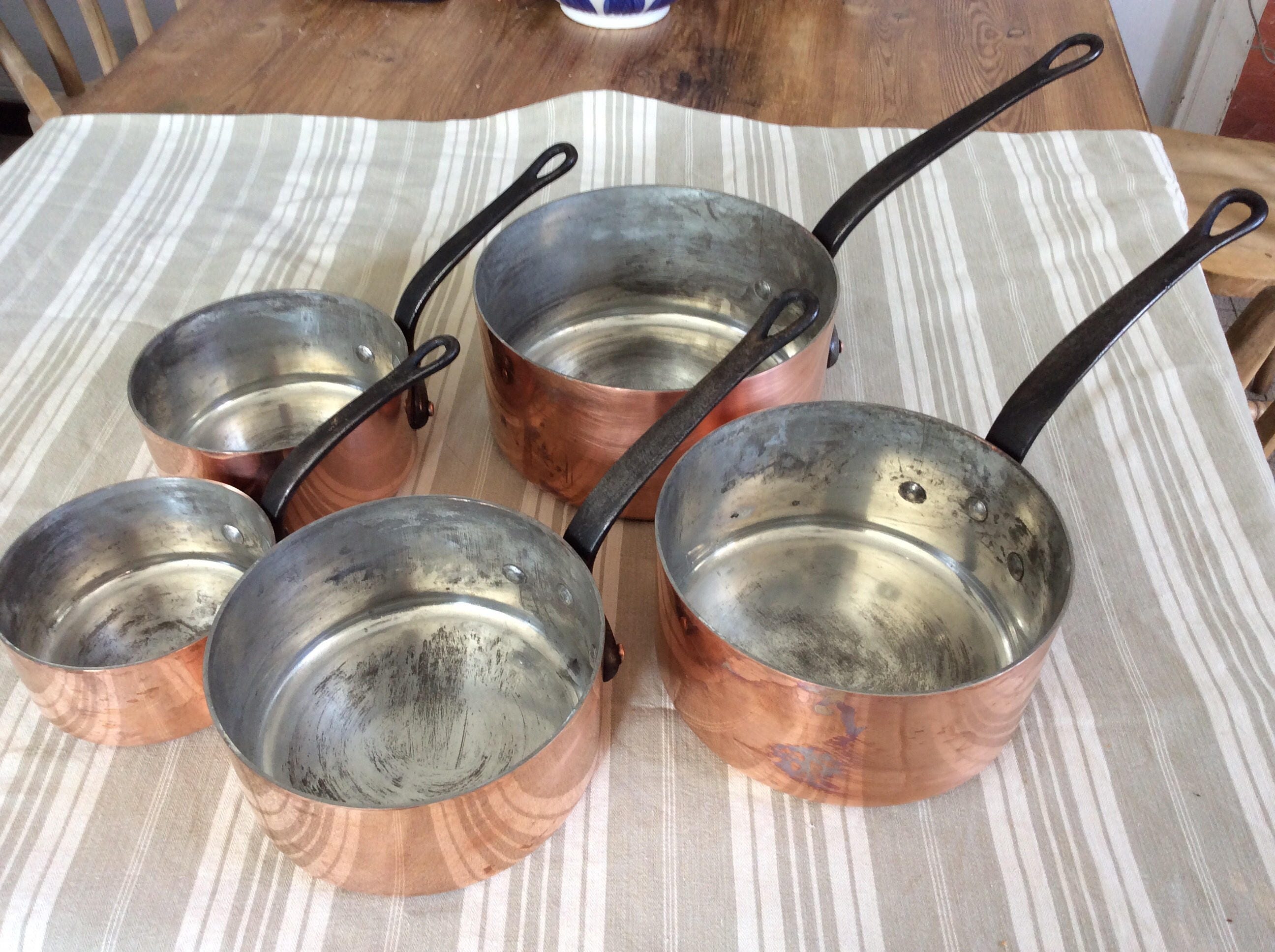 Vintage French Graduated Five Copper Pots Villedieu Made in