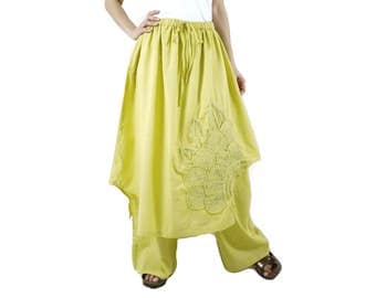 Pants With Skirt - Azo Free Color Yellow Light Cotton Pants With Skirt And Floral Applique & Handed Embroidery - P023