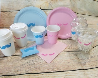 Staches or Lashes Gender Reveal Plates - Cups - Napkins - Pillow Boxes - Baby Boy or Girl Shower - Gender Reveal Coffee Cups - Pink Blue