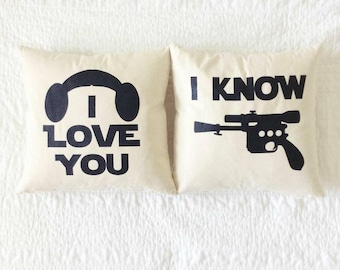 Star Wars "I Love You/I Know" Pillow Set - Han Solo, Princess Leia, Wedding, Anniversary, Gift for Her, Gift for Him, Star Wars Gift Set