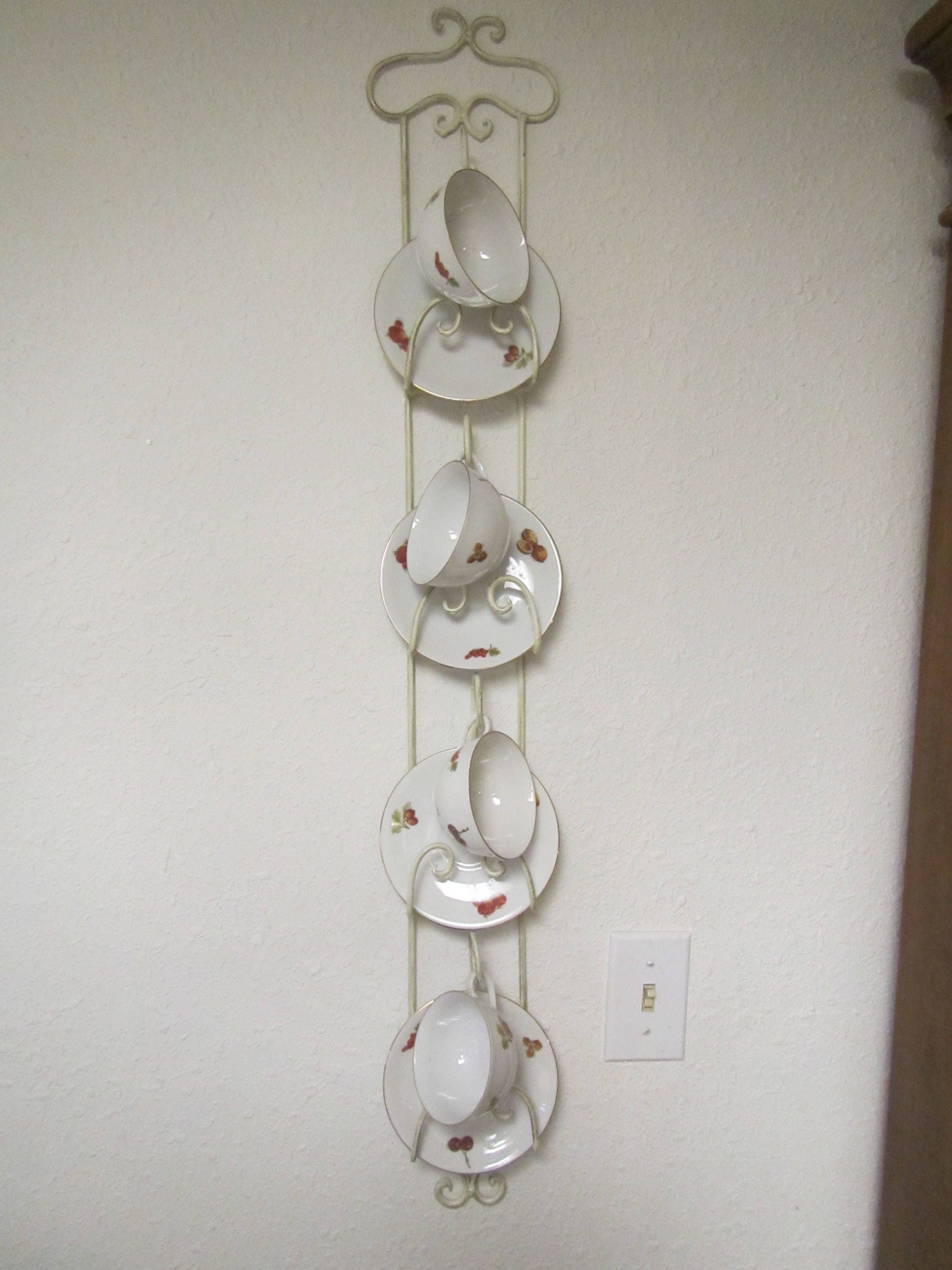 vintage Iron 4 tier Tea Cup and Saucer Wall Display Rack , Holds 4 Tea