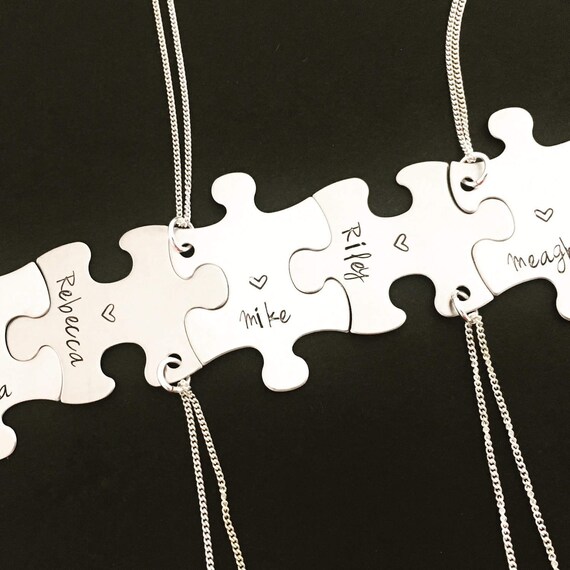 Hand engraved puzzle necklace set custom puzzle pieces