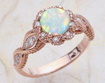14K Vintage Rose Gold Engagement Ring Center Is A Round Opal
