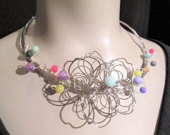 Flower Necklace Silver Wire Art Wire Wrapped Big Bold Chunky Choker Statement Garden Wedding Floral Party Dress Wearable Art Summer Dress