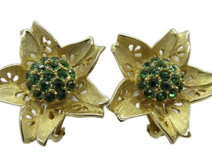 WEISS Green Rhinestone Gold Tone Flower Earrings, Vintage Clip-ons