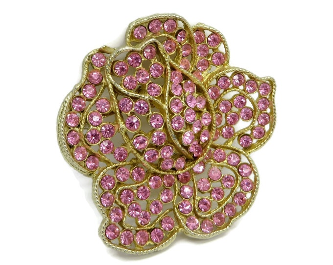 WEISS Pink Rose Rhinestone Gold Tone Flower Brooch, Vintage Pin