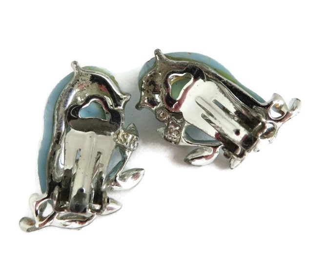 BSK Blue and Silver Tone Leaf Earrings, Vintage Kidney Shape Clip-on Earrings