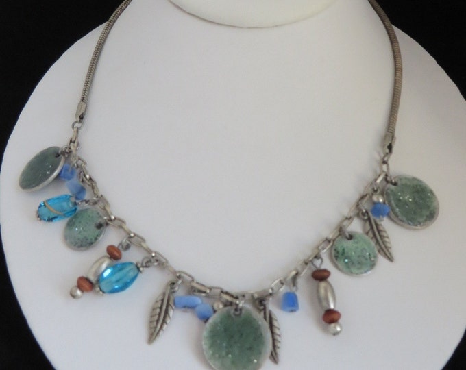 Boho Hippie Feather and Bead Silver Tone Necklace
