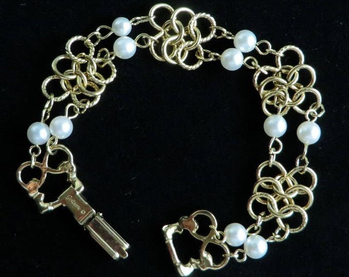 Goldette Bracelet, Vintage Faux Pearl, Gold Tone Link Bracelet, Gift for Her