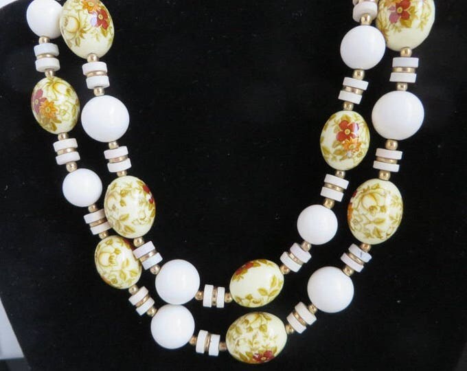 Vintage Porcelain Necklace, Japan White, Cream Bead Necklace, Flower Beaded Necklace, Valentine's Day Gift