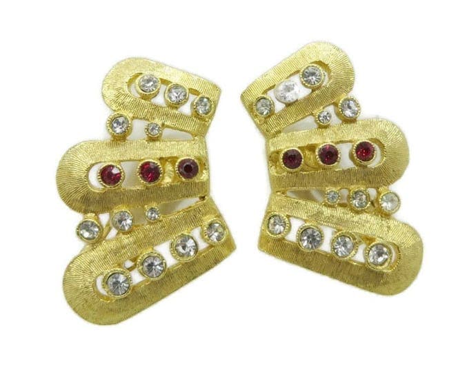 Hattie Carnegie Earrings Vintage Rhinestone Fan Clip on Earrings, Bridal Jewelry Formal Wear Gift Idea