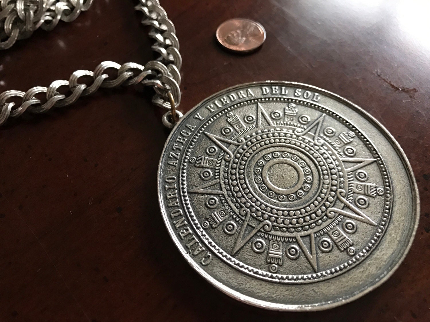 Early Silver Aztec Calendar Stone Sun Disk Medallion Necklace