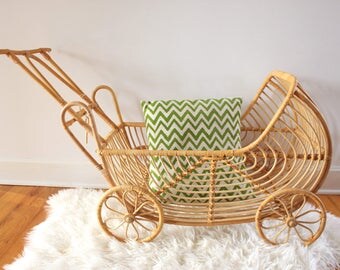 Vintage Bamboo Rattan Cart - Baby Carriage - Storage