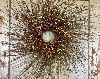 Brush Twig and Mixed Pip Berry Wreath Burgundy & White - 26"