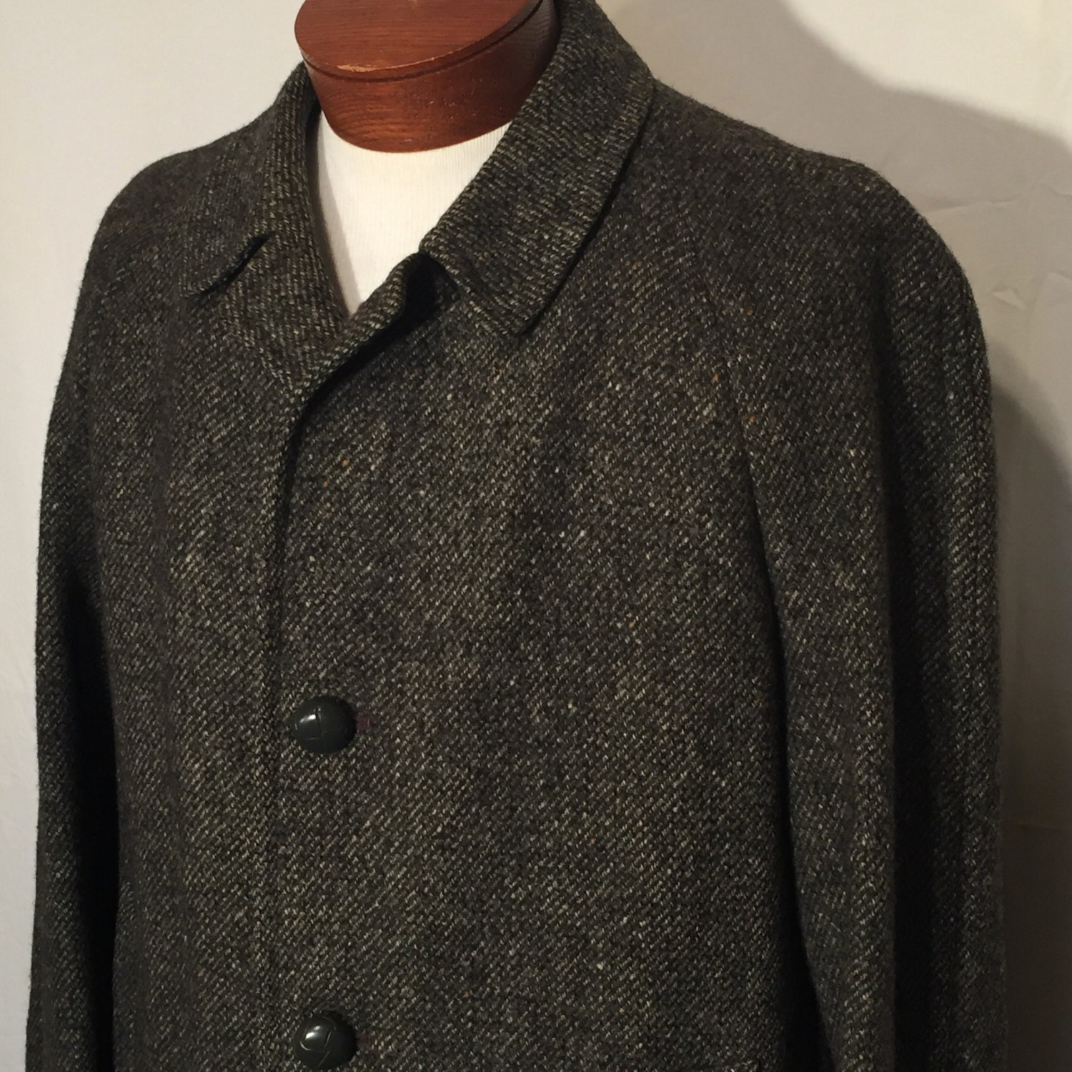 Vintage Large L Gray Black Genuine Harris Tweed Overcoat