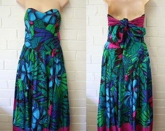 1980s SALLY BROWNE Cotton Tropical Floral Strapless Party Dress Sz 6 8