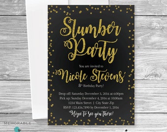 Slumber Party Invitation - Sleepover Invitation - Black and Gold Birthday Invitation - Sleepover Birthday Invitation - Printable