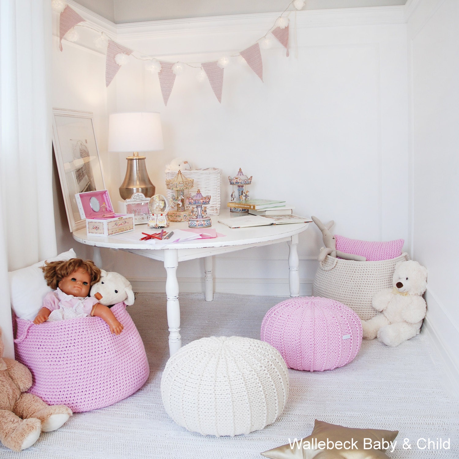 Pink pouf ottoman knitted pouf knit pouf nursery decor