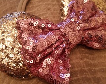 Gold Minnie mouse sequin ears. Newborn Minnie mouse ears. Dusty rose pink bow. Disney headband.