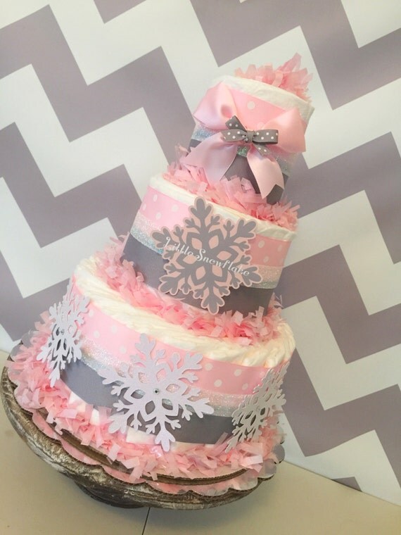 Little Snowflake Diaper Cake in Pink and Gray Winter Baby