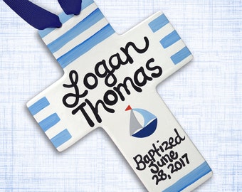 Personalized Baptism Gift, Baptism Gift Boy, Baptism Gift for Boy, Personalized Cross, Blue Stripe Baby, Sailboat Art, Nautical Nursery