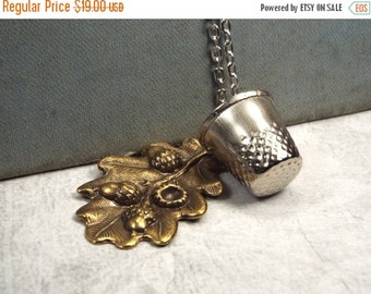 50% OFF Peter Pan Kiss Thimble and Acorn Necklace Jewelry - Brass and Silver Tone, Valentine's Day Gift