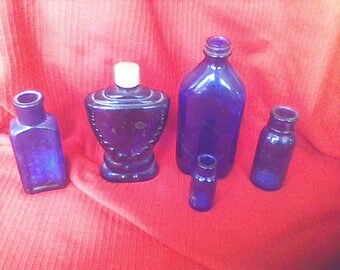 Cobalt Blue Bottles, Vintage, Wedding Vase, Set of 5 light catcher, colbalt blue vases, old medicine bottles