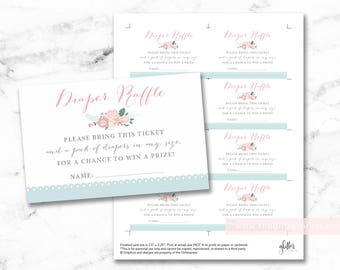 Simple floral baby diaper raffle cards printable, diaper raffle ticket, floral mint and blush shower, DIY, INSTANT DOWNLOAD, 002