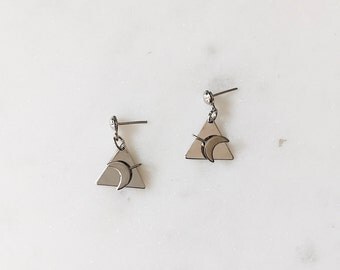 1990's Dead Stock Vintage Silver Minimal Triangle Half Moon Crescent Drop Dangle Miniature .5"