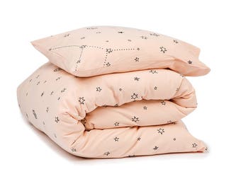 Hipster baby girl crib bedding set, Coral Peach baby bedroom textile, 2pc set - Duvet cover & Pillow case, Sweet starts print, Soft cotton