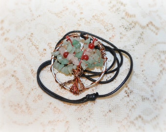 Cherry Blossom Tree of Life Necklace, Cherry blossom pendant, Rose quartz Ruby and Green Aventurine Tree of Life, Heart Chakra Necklace,