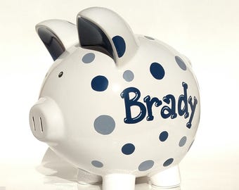 Hand painted & Personalized | Polka Dots Piggy Bank | Ceramic | Hand-painted | Large (8" X 7.5" X 7") | Grey | Navy Blue | Boy Gift