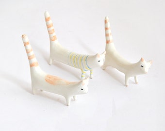 Long Tail Cat Ceramic Miniature in White Clay, Decorated with Stripes, Spots or Plain White. Ready To Ship