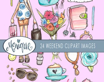 clipart watercolor weekend girls, sticker clipart, coffee, flowers, bag, fashion, purse, hand painted, planner stickers, planner girl