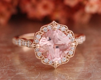 Vintage Floral Champagne Peach Sapphire Engagement Ring 14k Rose Gold Scalloped Diamond Wedding Band 8x8mm Conflict Free Cultured Sapphire