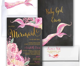 Mermaid Baby Shower Invitation // Under the Sea Invitation // Watercolor // Gold // Floral // Girls // Pink // QUEENSLAND COLLECTION