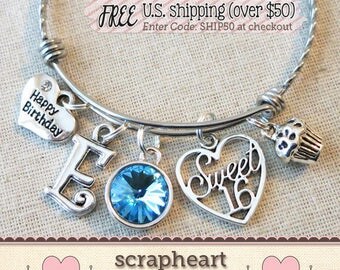 Personalized Sweet 16 Bangle, 16th BIRTHDAY Gift, Sixteenth Birthday Gifts, Custom Jewelry for 16th Birthday, Happy Birthday Bracelet - 00