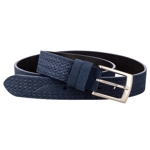 Blue Suede leather belt Men's belts Navy Braided woven Top
