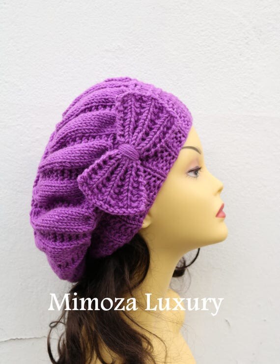 Lilac Woman Hand Knitted Hat with Bow, Lilac Beret hat with bow, Lilac knit hat, purple slouchy knit women's hat with bow, lilac winter hat