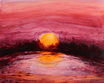 Sunset at the Pond Original Landscape Painting Acrylic on Board 6"x6"