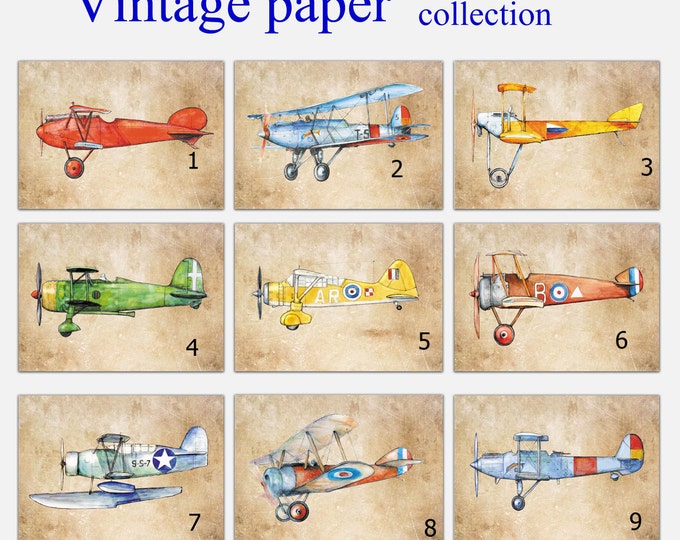 Airplane decor ANY set of 9 prints Vintage prop driven airplane watercolor Retro military aircraft poster Boy's nursery wall art