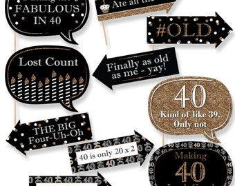 Funny Adult 40th Birthday - Gold Photo Booth Props - Birthday Party Photo Booth Prop Kit - 10 Photo Props & Dowels