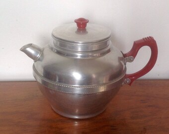 Aluminium Teapot, Red Handles, Built In Strainer. 1940's/50's.