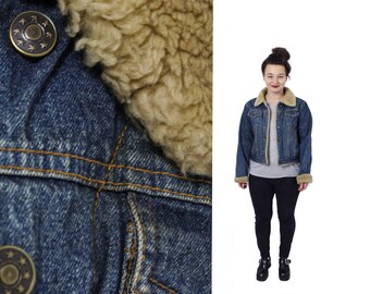 Denim jacket, Faux shearling coat, Denim coat, Vintage jeans jacket, 90s jeans coat, Faux fur jacket, Winter Jeans jacket / Medium Large