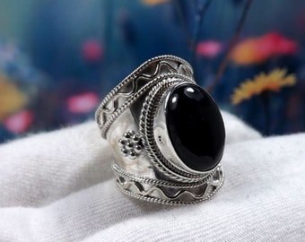 Black Onyx Ring, Onyx Ring, 925 Sterling Silver, Women Ring, Hammered Ring, Women Gift, Jewellery Sale, Solid Silver Ring, Gift For Her