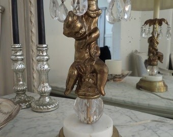 Vintage Antique French Gilt Cherub Lamp With Crystal Prisms Parisian Silk Shade Paris Apartment