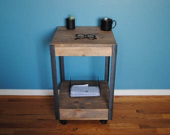 Industrial Rustic Side table, End table , Nightstand with Iron legs and Lower Shelf with Caster wheels 16.5 x 16.5 x you choose height